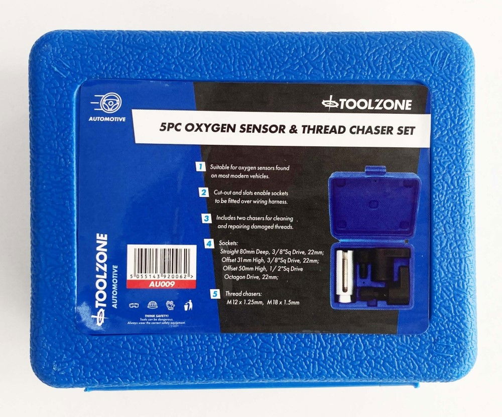 OXYGEN SENSOR AND THREAD CHASER SET 5pc INCLUDES 22mm SOCKETS - TOOLZONE KDPAU009