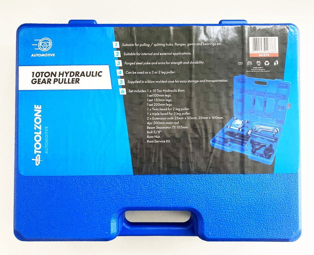 HYDRAULIC GEAR PULLER SET 10ton 9 LEGS 100mm 150mm 200mm - TOOLZONE KDPAU274