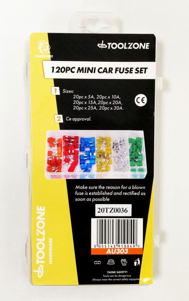 CAR FUSES MINI BLADE 120pc ASSORTED 5a-30a - TOOLZONE KDPAU303
