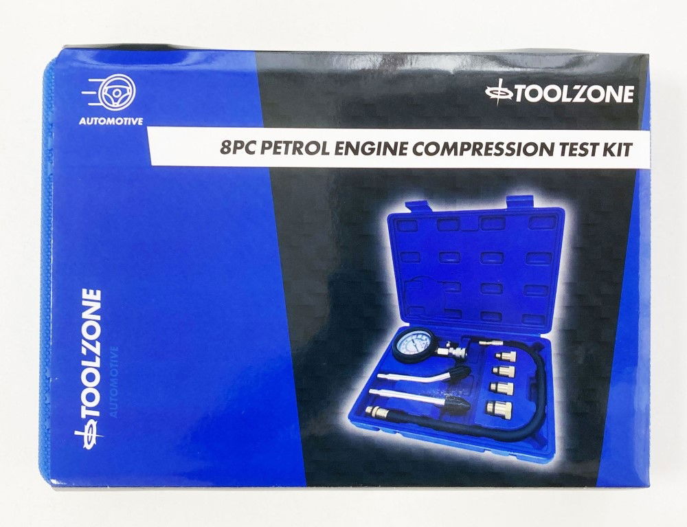 PETROL COMPRESSION TEST KIT 8pc 63mm GAUGE UP TO 300 psi - TOOLZONE KDPAU343