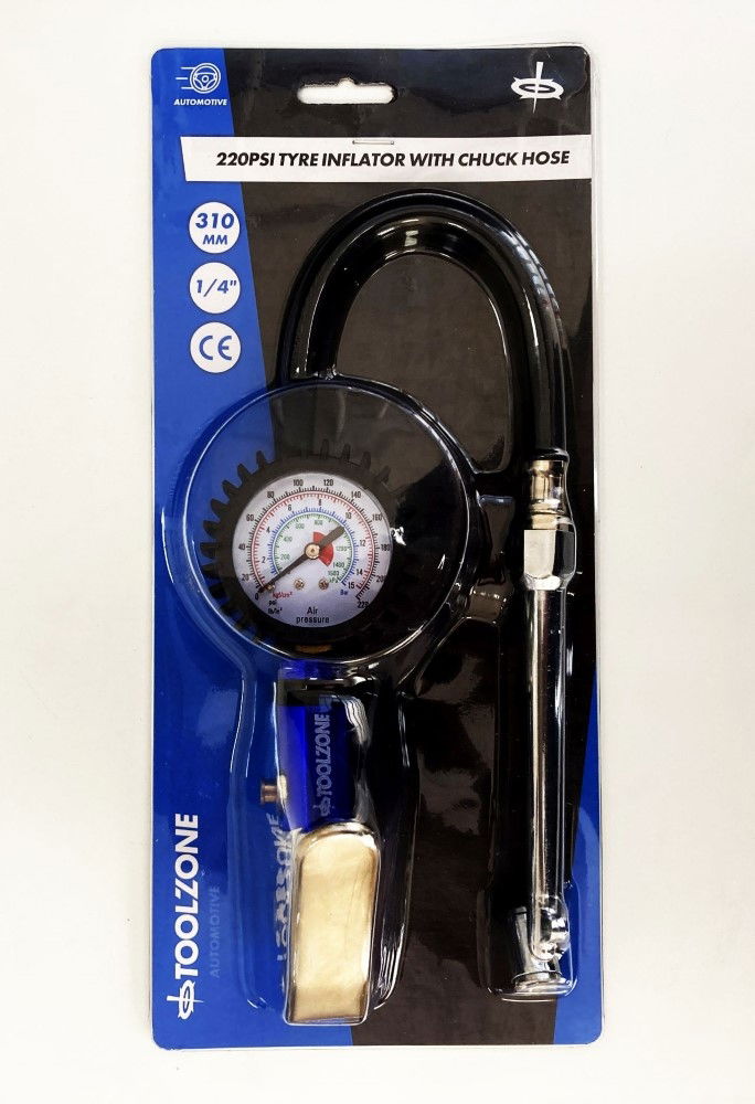 TYRE INFLATOR WITH CHUCK HOSE 220psi 1/4 AIR INLET 310mm HOSE - TOOLZONE KDPAU361