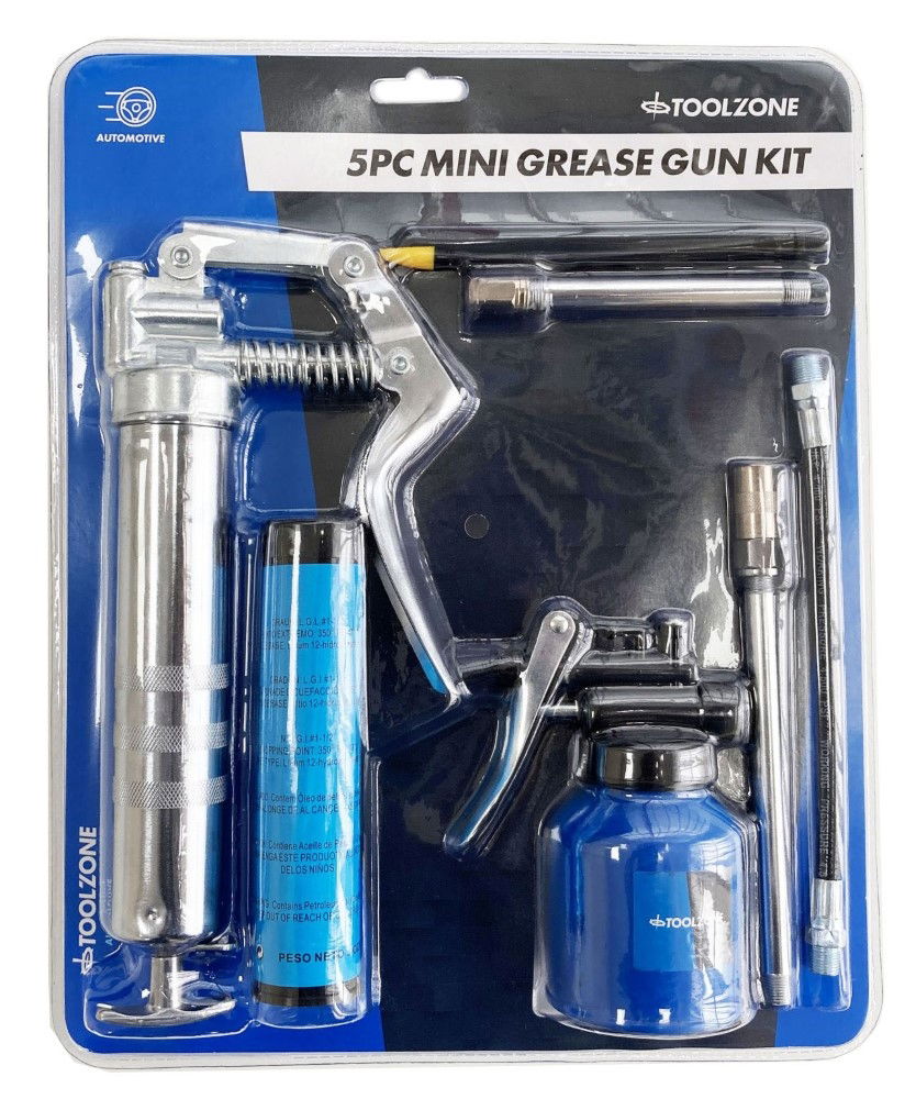 MINI GREASE GUN KIT 5pc PISTOL TYPE WITH FIXED AND FLEXIBLE NOZZLE - TOOLZONE KDPAU370