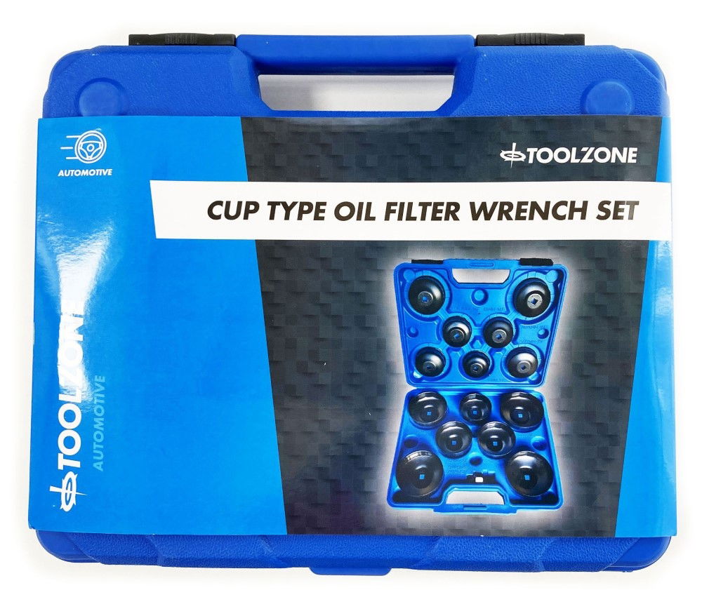 CUP TYPE OIL FILTER WRENCH SET 16pc 65-100mm WITH SOCKET ADAPTOR - TOOLZONE KDPAU377