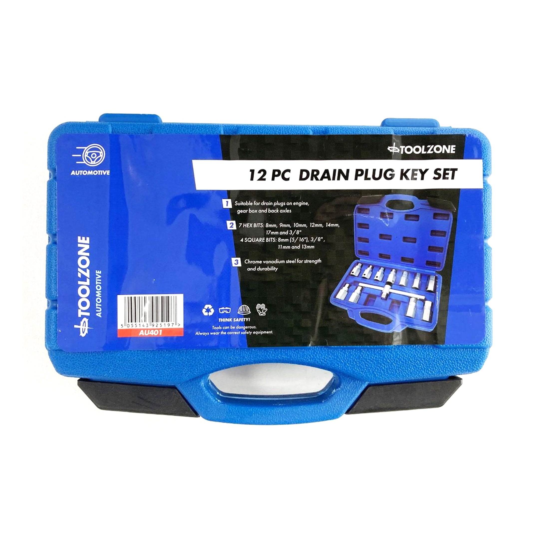 DRAIN PLUG KEY SET 12pc HEX AND SQUARE BITS - TOOLZONE KDPAU401