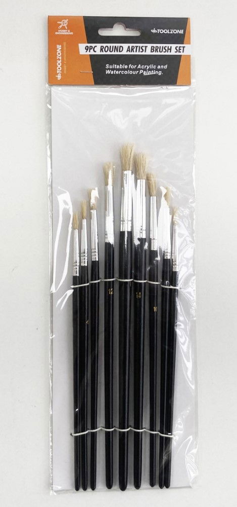 ARTIST BRUSHES 9PC ROUND SIZES 0-16 WOOD HANDLE - TOOLZONE KDPBR014