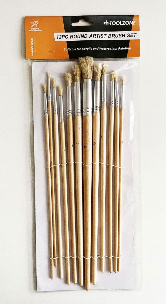 ARTIST BRUSHES 12PC JUMBO ROUND SIZES 1-12 WOOD HANDLE - TOOLZONE KDPBR016
