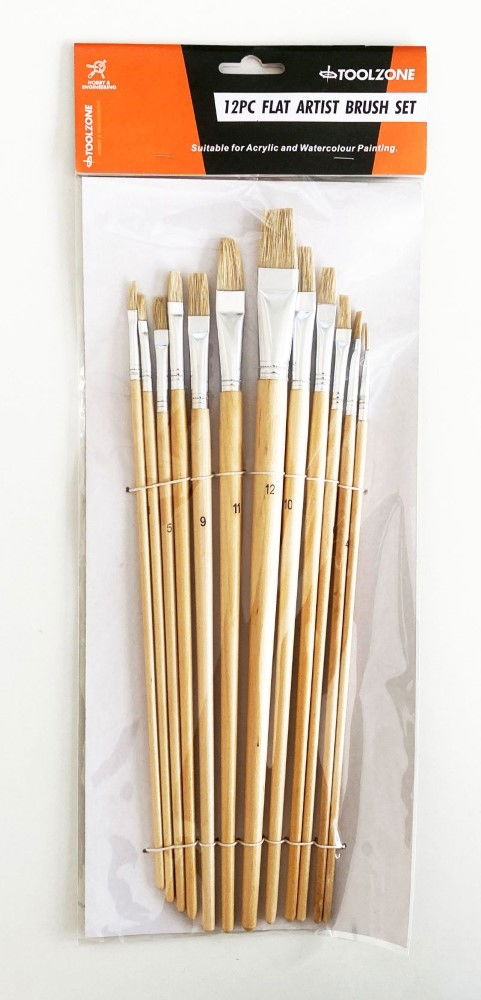 ARTIST BRUSHES 12PC JUMBO FLAT SIZES 1-12 WOOD HANDLE - TOOLZONE KDPBR017