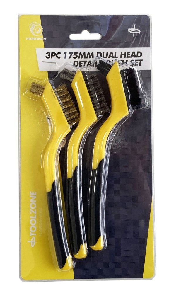 BRUSH SET 3PC 175mm PRECISION DETAIL STAINLESS STEEL NYLON BRASS - TOOLZONE KDPBR061