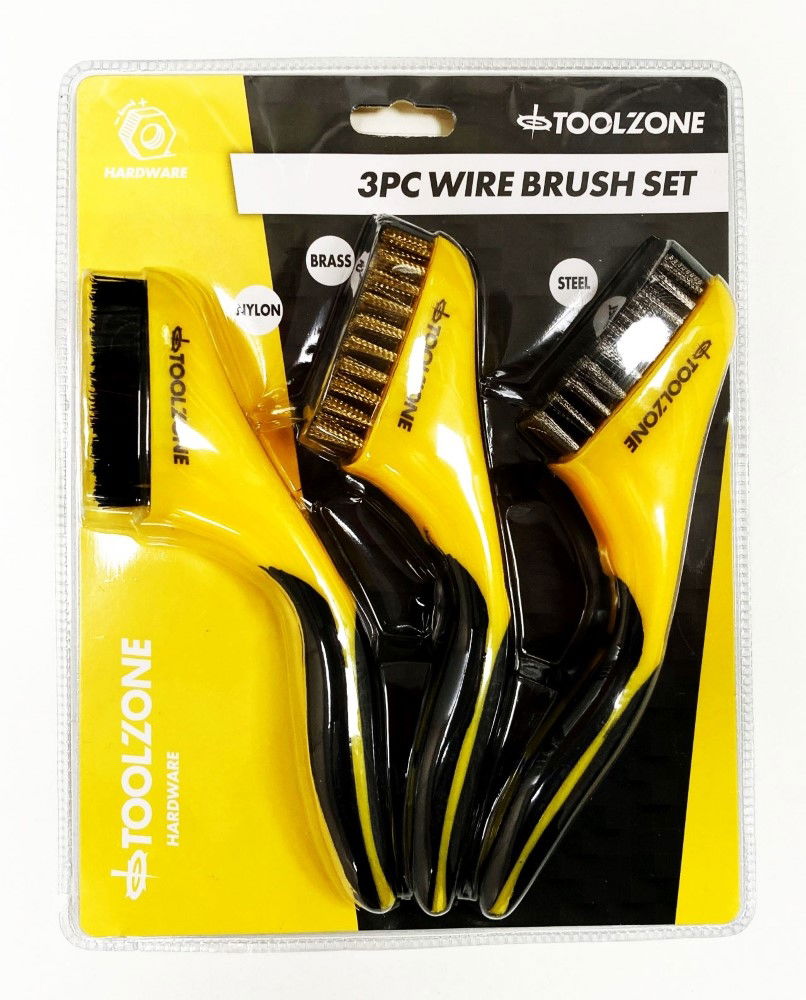 WIRE BRUSH SET 3PC WIDE 20cm STAINLESS STEEL NYLON BRASS - TOOLZONE KDPBR063