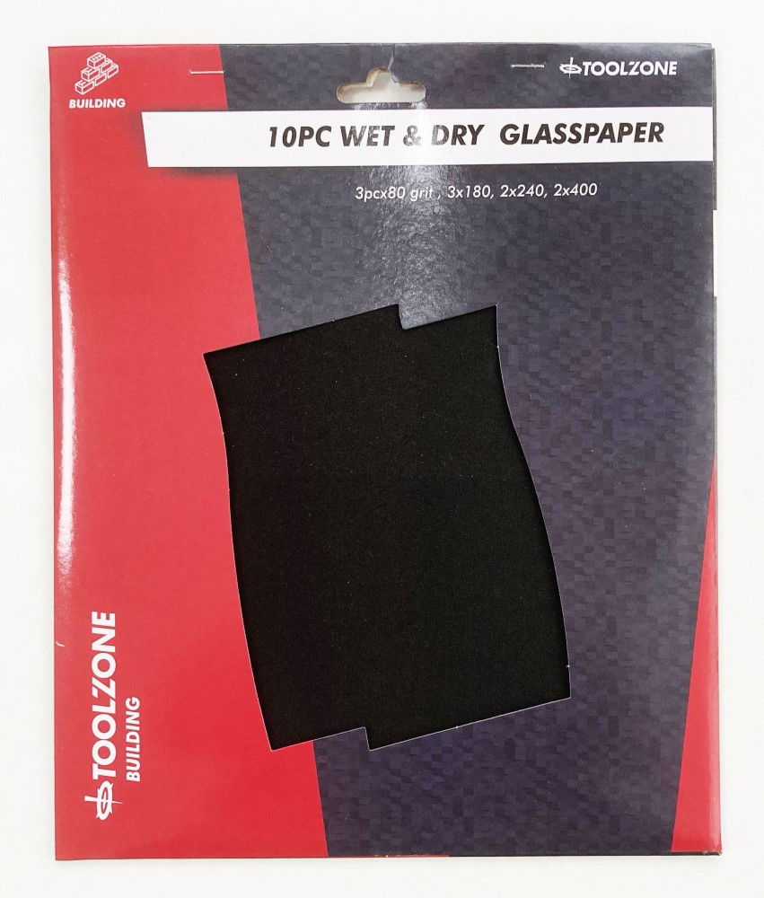 GLASSPAPER WET AND DRY 10PC ASSORTED GRITS - TOOLZONE KDPDC072