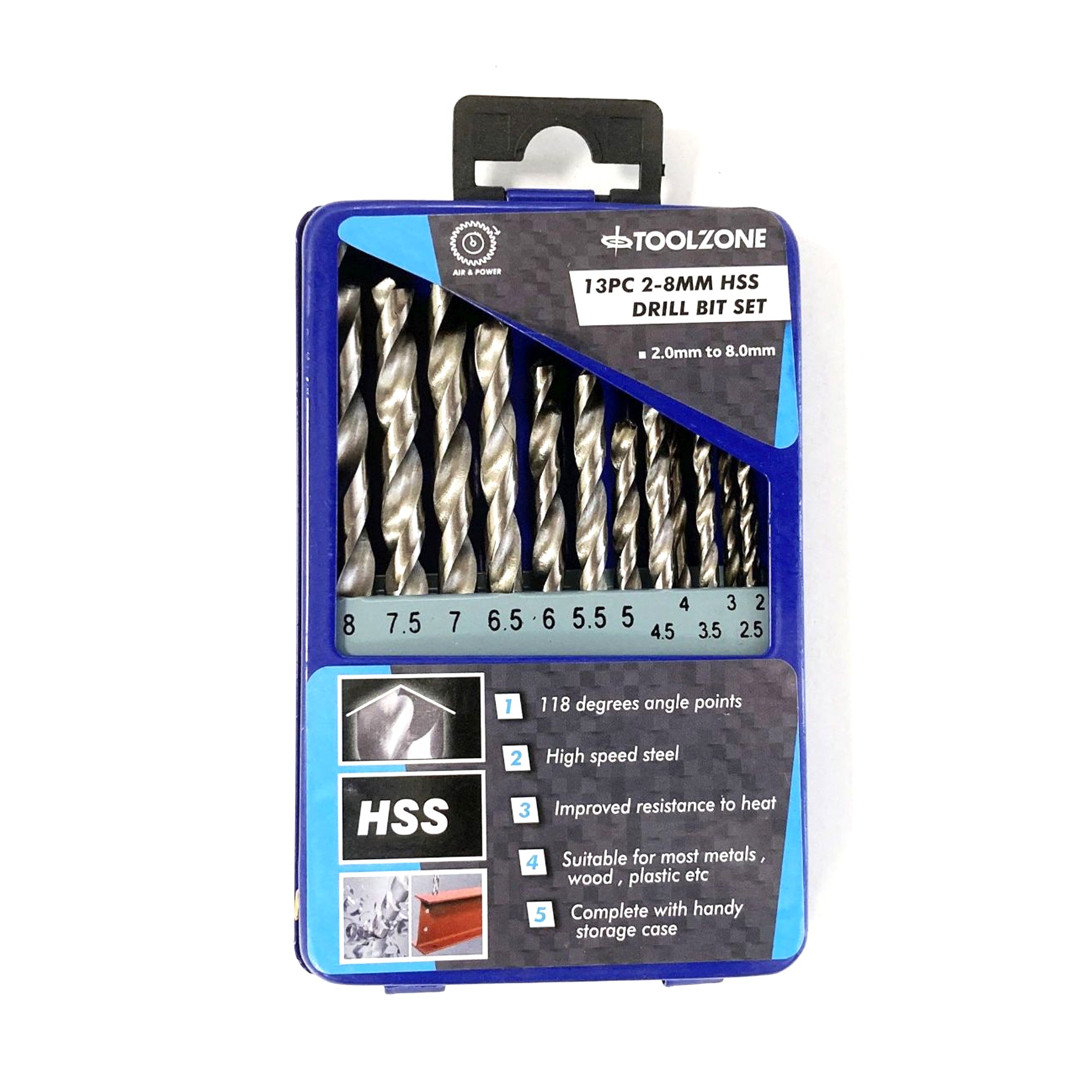 DRILL BIT SET 13PC HSS 2-8mm IN STORAGE TIN - TOOLZONE KDPDR027