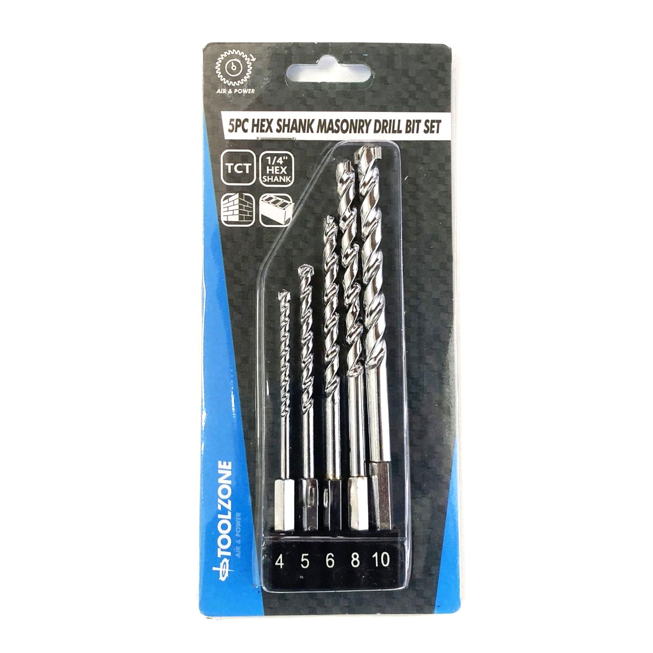 MASONRY DRILL BIT SET 5PC HEX SHANK 4-10mm TCT TIPPED - TOOLZONE KDPDR028