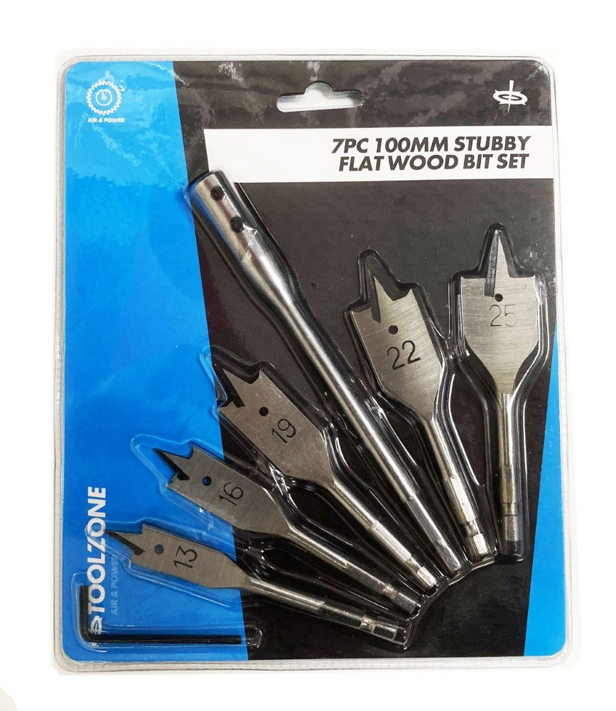 WOOD BIT SET STUBBY FLAT 7PC 100mm WITH EXTENSION AND KEY - TOOLZONE KDPDR066