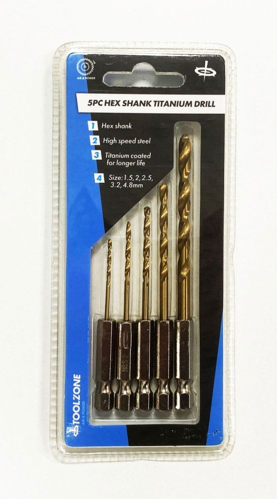 DRILL BIT SET TITANIUM COATED HEX SHANK 5PC 1.5-4.8mm - TOOLZONE KDPDR098