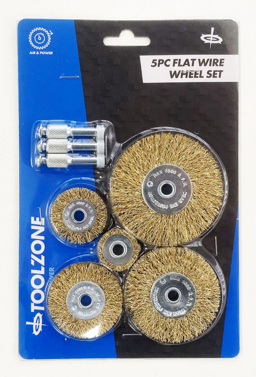 FLAT WIRE WHEEL SET FOR DRILL 5PC 25-75mm 1/4 SHANK - TOOLZONE KDPDR171