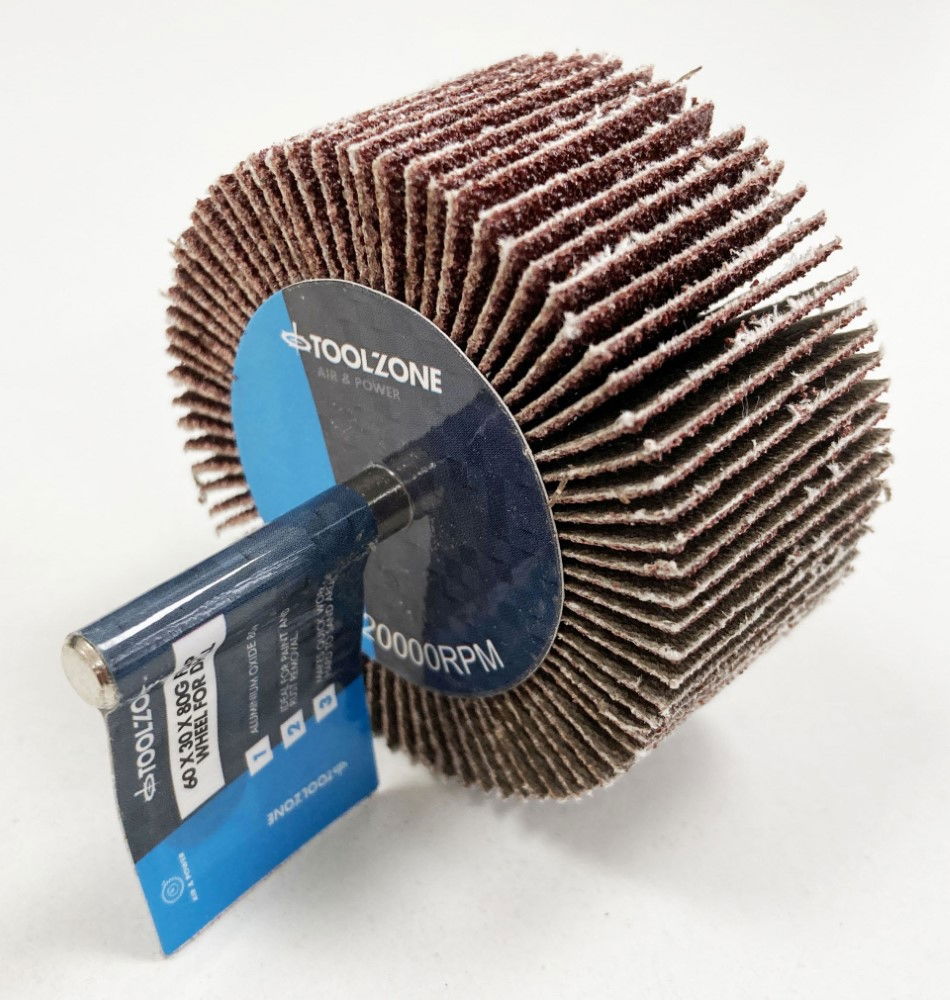 FLAP WHEEL FOR DRILL 60x30mm 80 grit 6mm SPINDLE - TOOLZONE KDPDR180