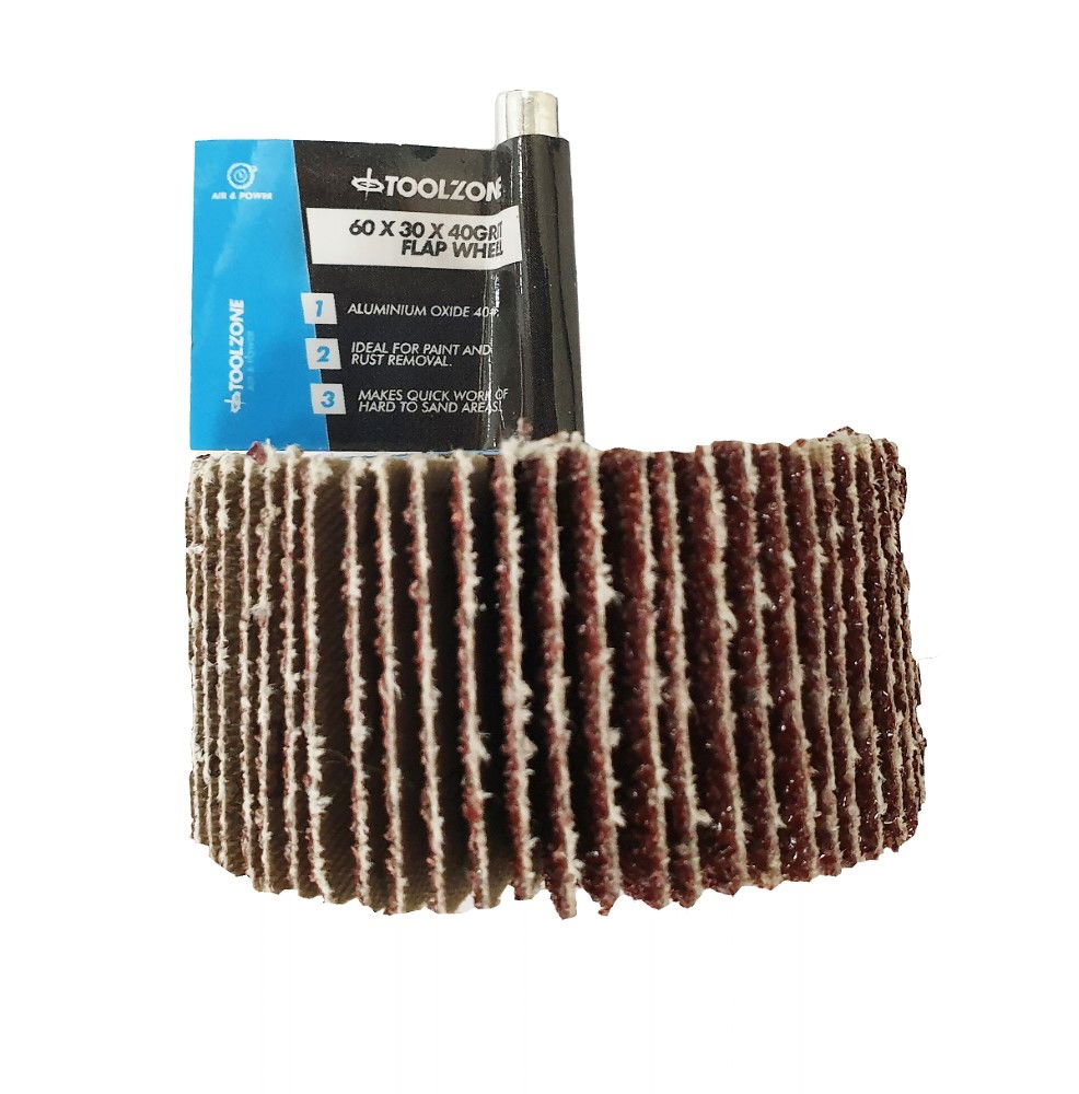 FLAP WHEEL FOR DRILL 60x30mm 40 grit 6mm SPINDLE - TOOLZONE KDPDR182