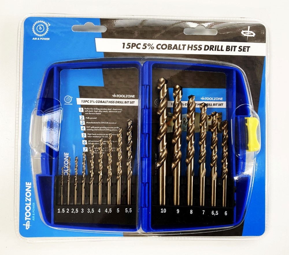 HSS DRILL SET 15PC 5% COBALT 1.5-10mm - TOOLZONE KDPDR389