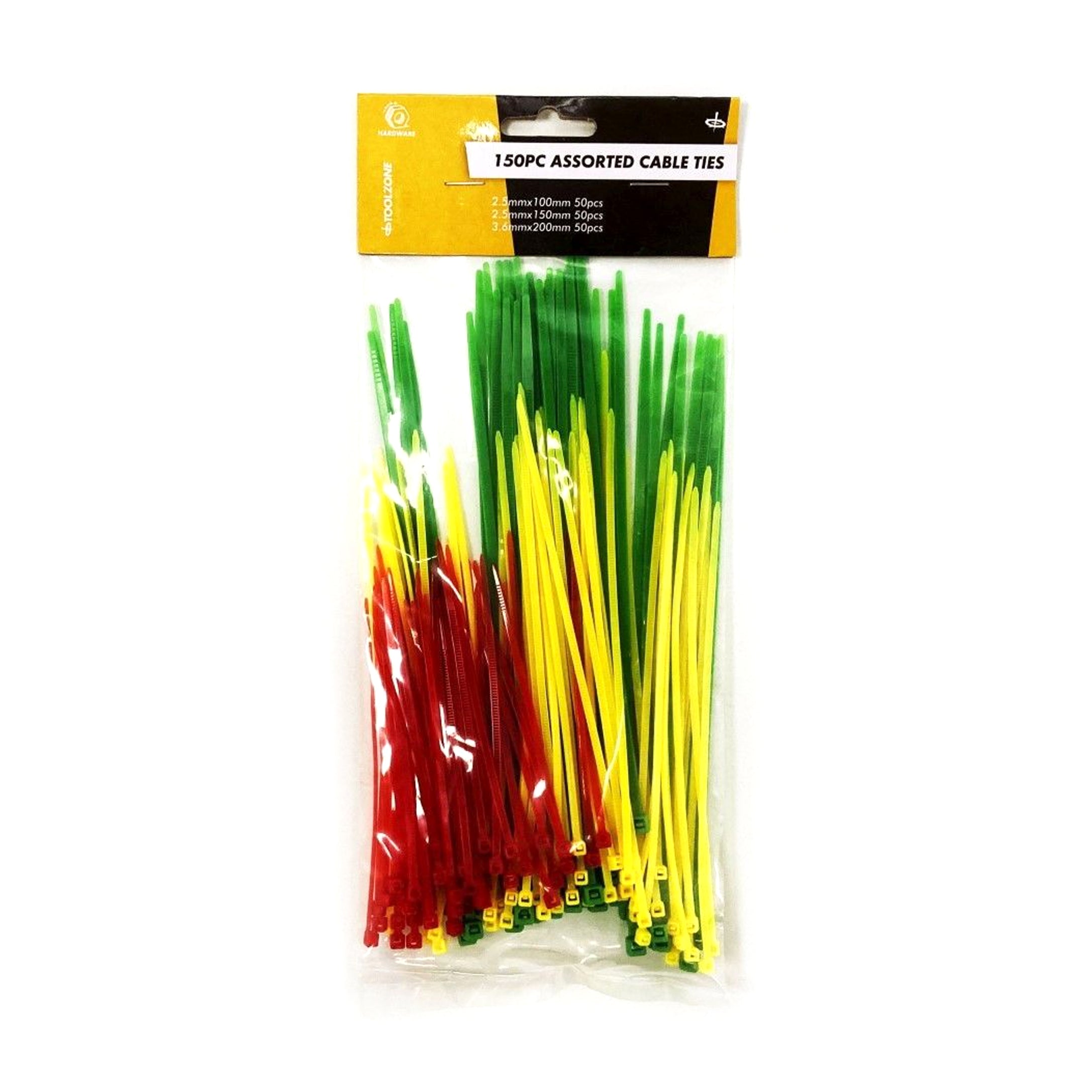 CABLE TIES ASSORTED 150PC 2.5mm x 100mm 2.5mm x 150mm 3.6mm x 200mm - TOOLZONE KDPEL077