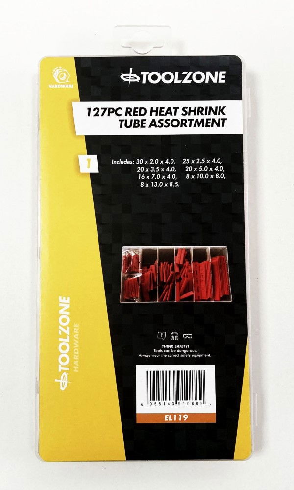 HEAT SHRINK TUBE ASSORTMENT 127PC RED WITH PLASTIC BOX - TOOLZONE KDPEL119
