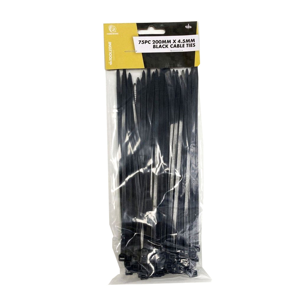 CABLE TIES 75PC 200mm x 4.5mm BLACK NYLON 40 - TOOLZONE KDPEL133