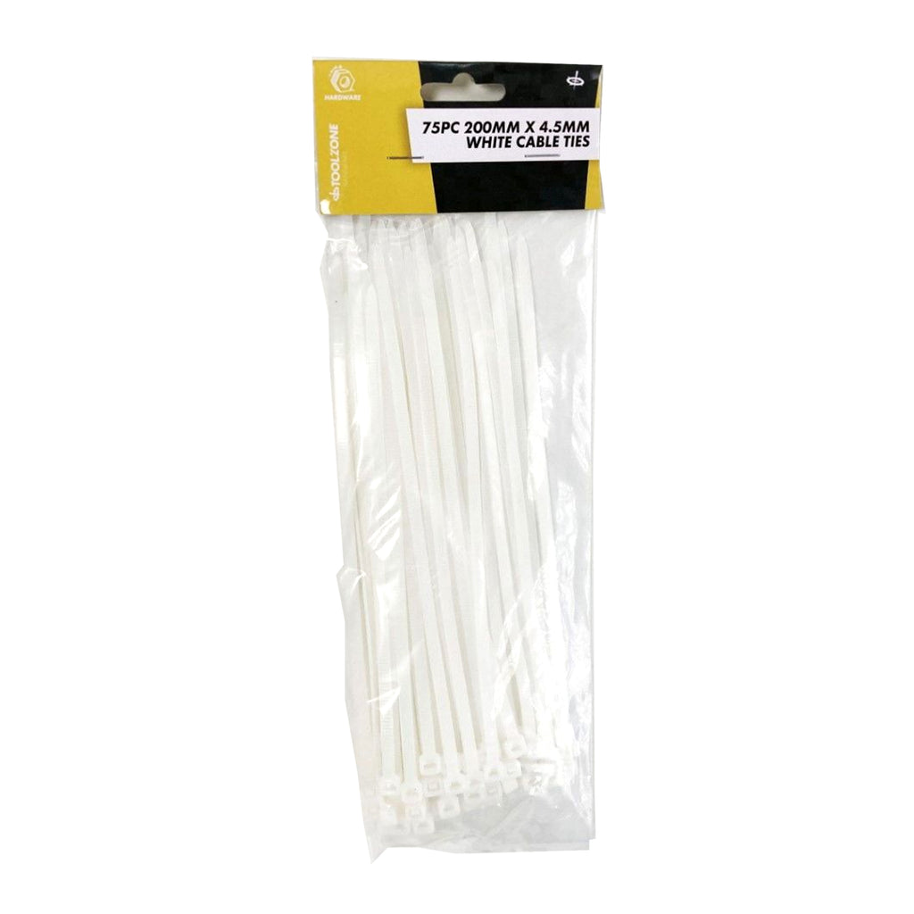 CABLE TIES 75PC 200mm x 4.5mm WHITE NYLON 40 - TOOLZONE KDPEL134