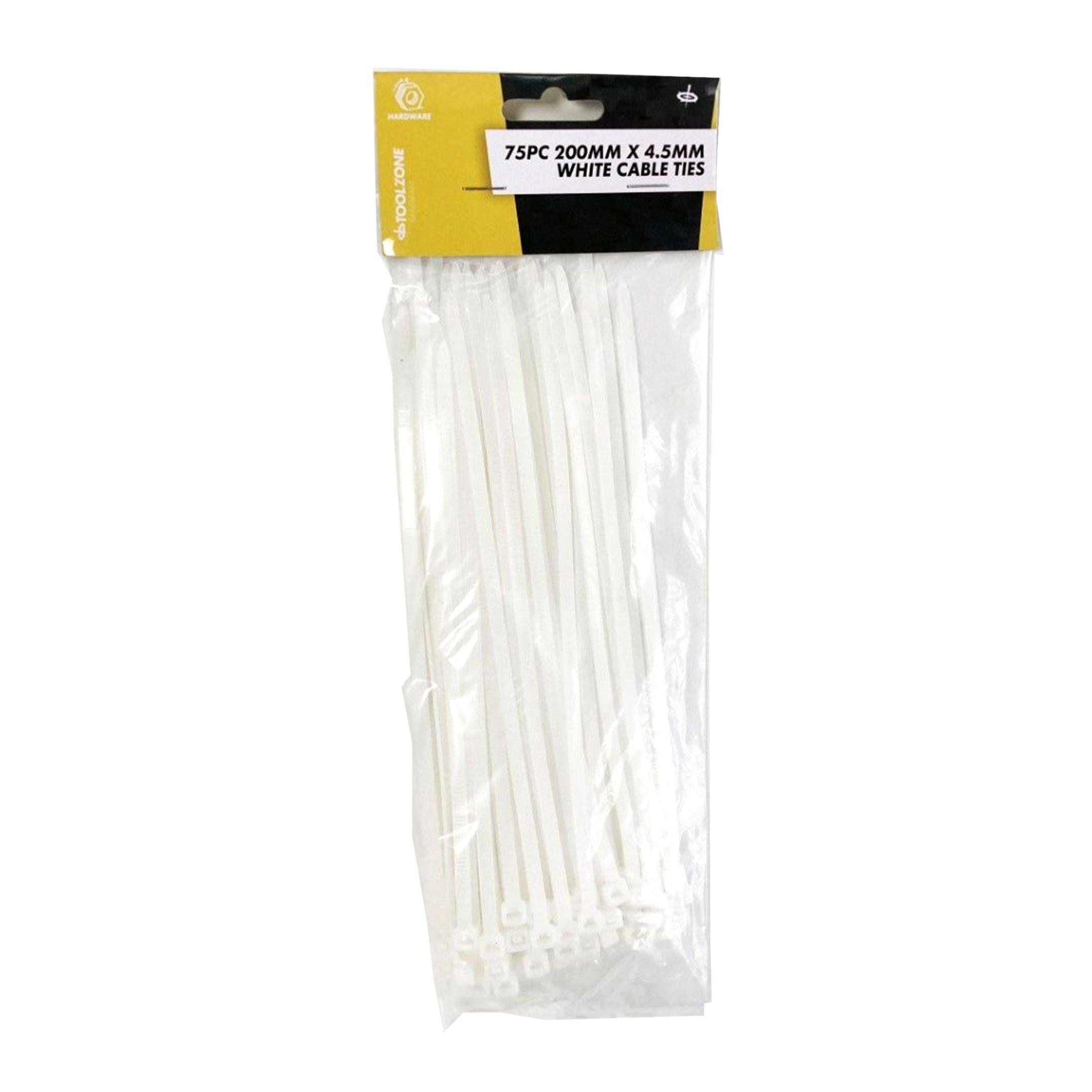 CABLE TIES 75PC 200mm x 4.5mm WHITE NYLON 40 - TOOLZONE KDPEL134