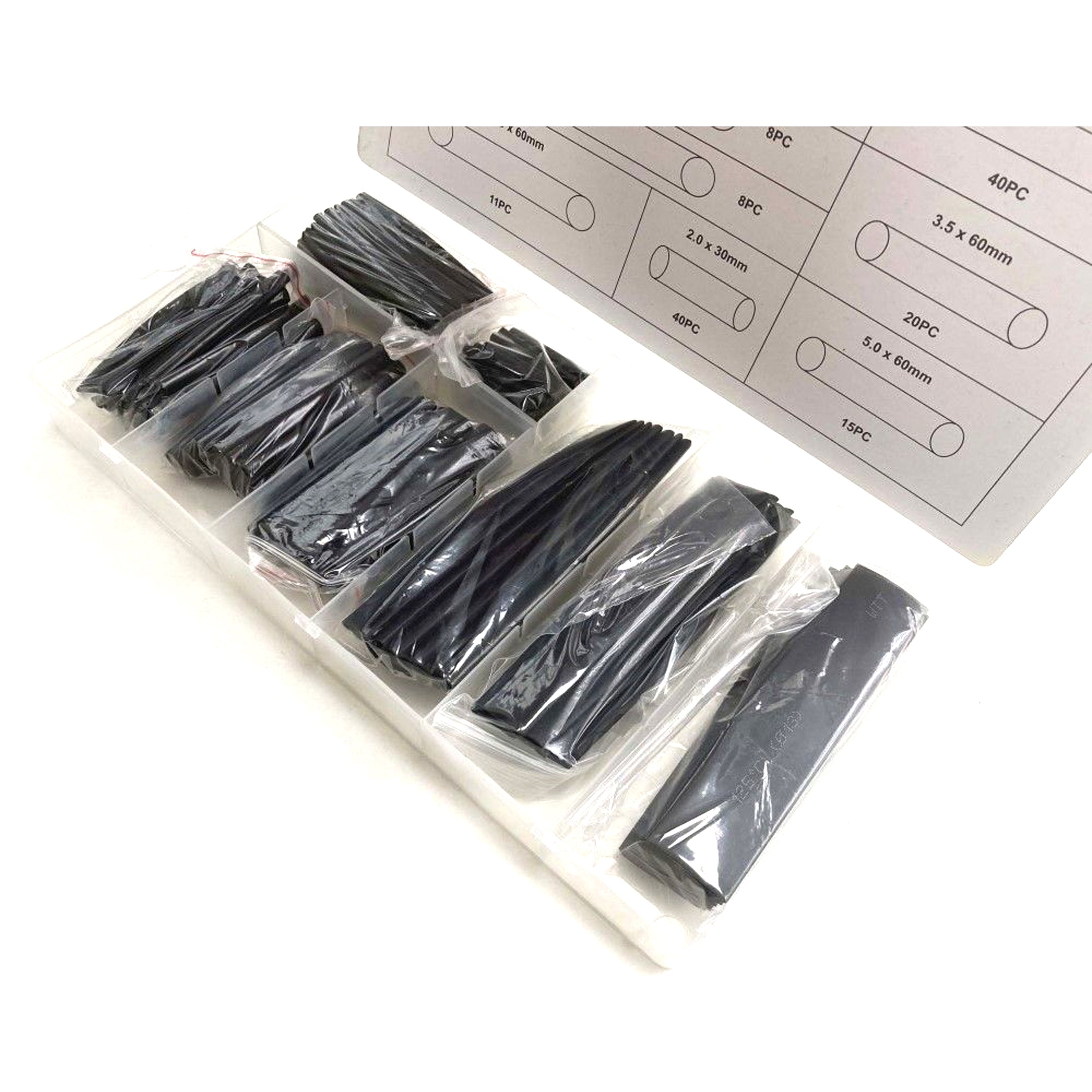 HEAT SHRINK TUBING ASSORTMENT 150PC BLACK WITH PLASTIC BOX - TOOLZONE KDPEL135