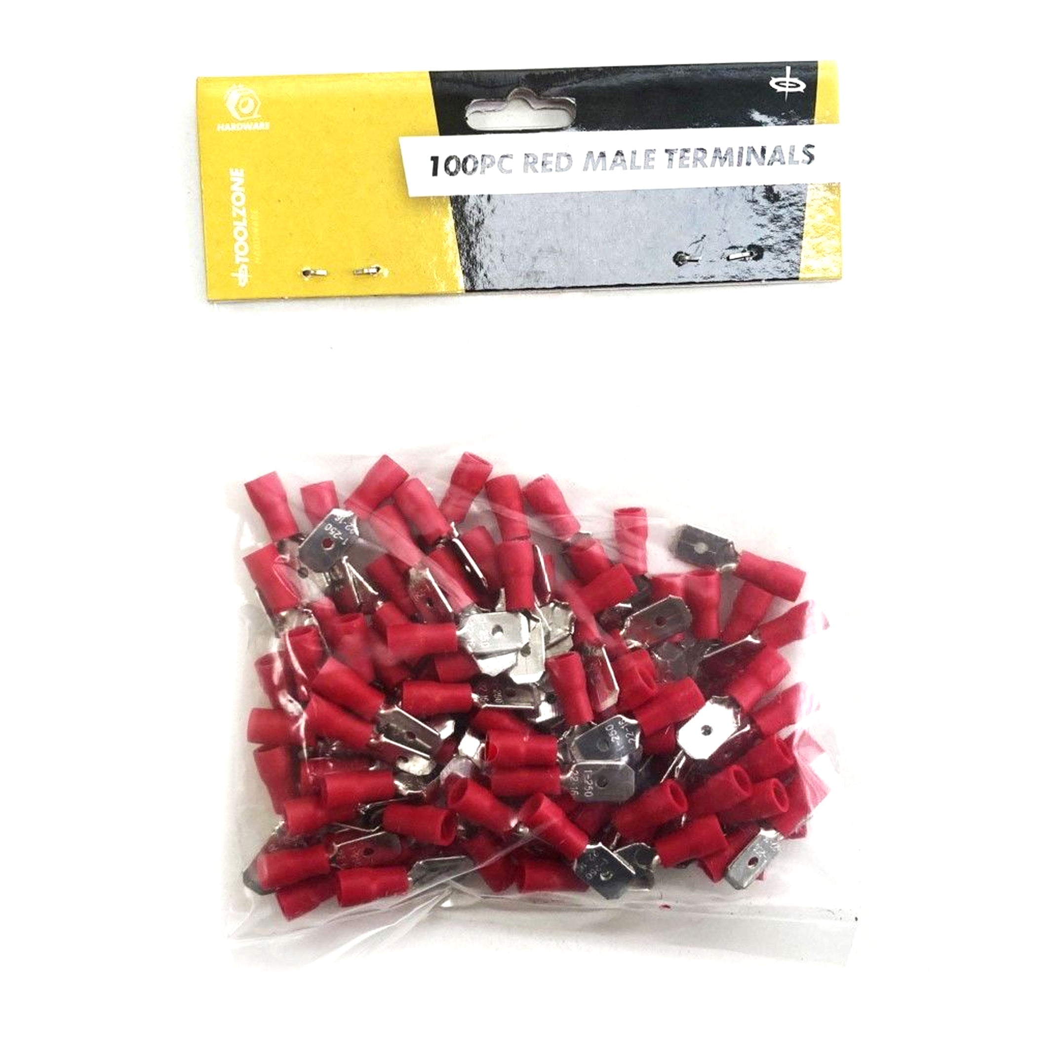 MALE TERMINALS 100PC RED SEMI INSULATED 22-16 awg 6.3mm x 0.4mm - TOOLZONE KDPEL138
