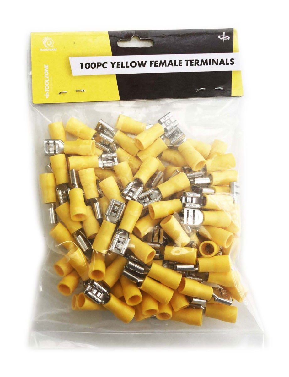 FEMALE TERMINALS 100PC YELLOW SEMI INSULATED 12-10 awg 6.3mm x 0.4mm - TOOLZONE KDPEL141