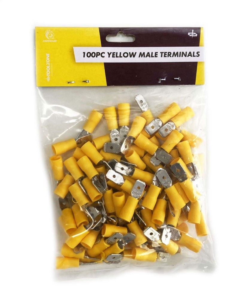 MALE TERMINALS 100PC YELLOW SEMI INSULATED 12-10 awg 6.3mm x 0.4mm - TOOLZONE KDPEL142