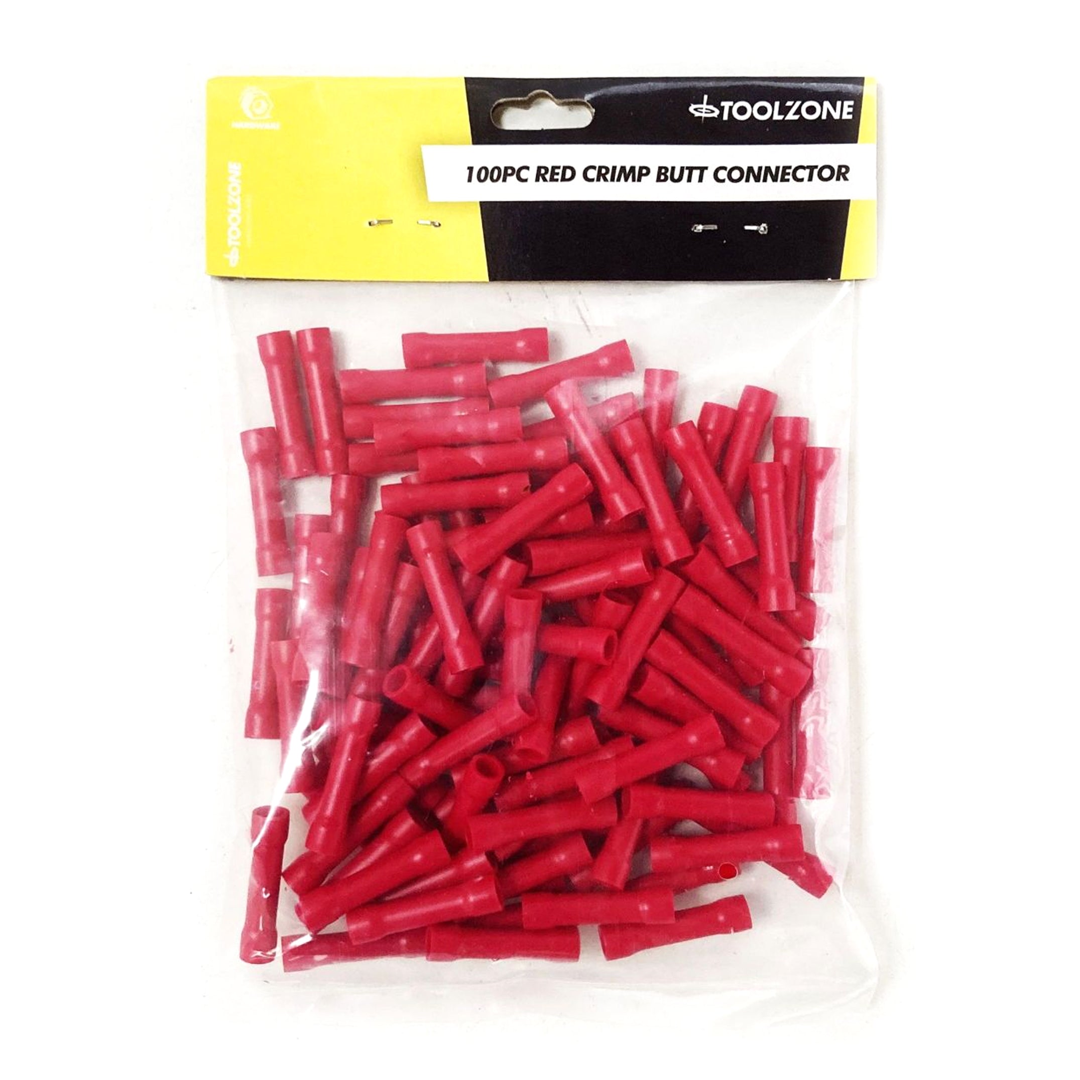 CRIMP BUTT CONNECTORS 100PC RED INSULATED 0.5-1.5mm² - TOOLZONE KDPEL143