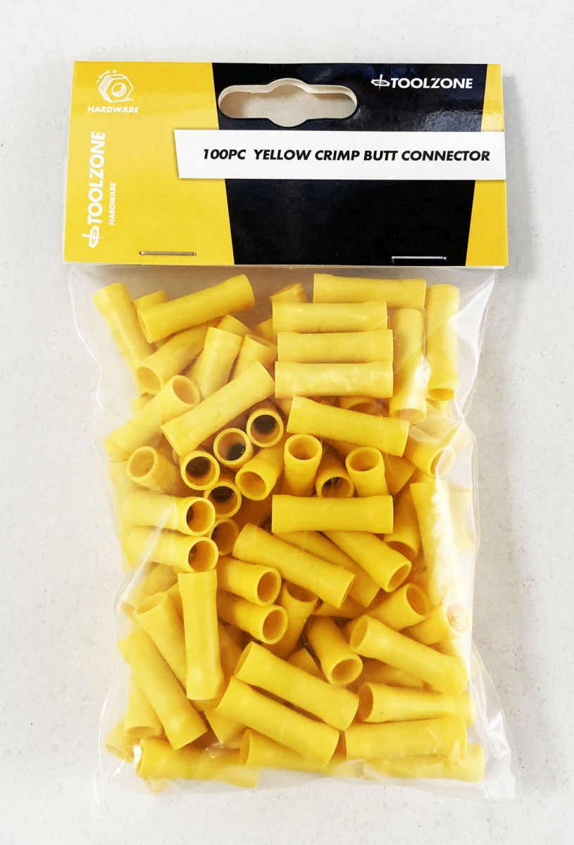 CRIMP BUTT CONNECTORS 100PC YELLOW INSULATED - TOOLZONE KDPEL145