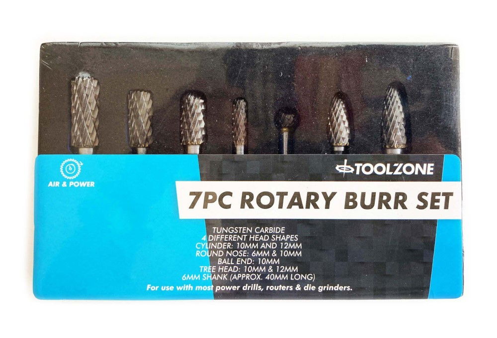TUNGSTEN CARBIDE ROTARY BURRS SET 7 PIECE 6mm SHANK - TOOLZONE KDPHB095