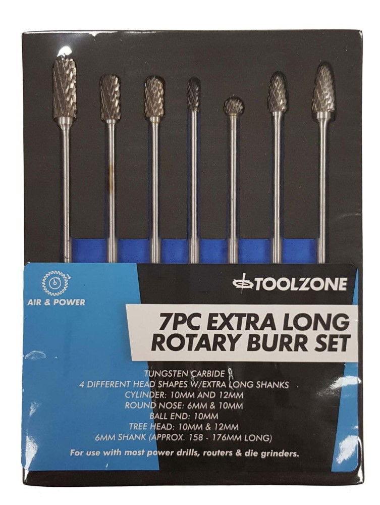 TUNGSTEN CARBIDE ROTARY BURRS SET 7 PIECE EXTRA LONG 6mm SHANK - TOOLZONE KDPHB096