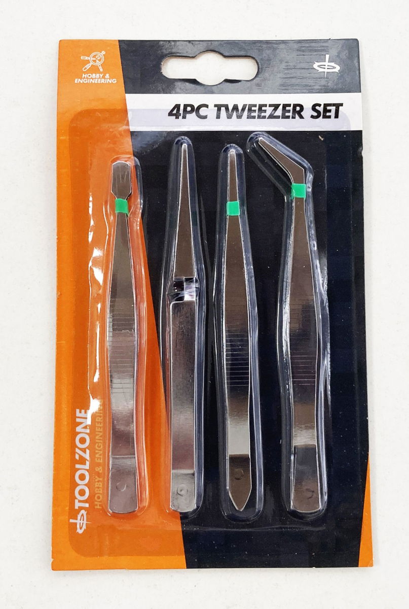 TWEEZER SET 4pc 4.5 FLAT ENDED POINTED ANGLED - TOOLZONE KDPHB324