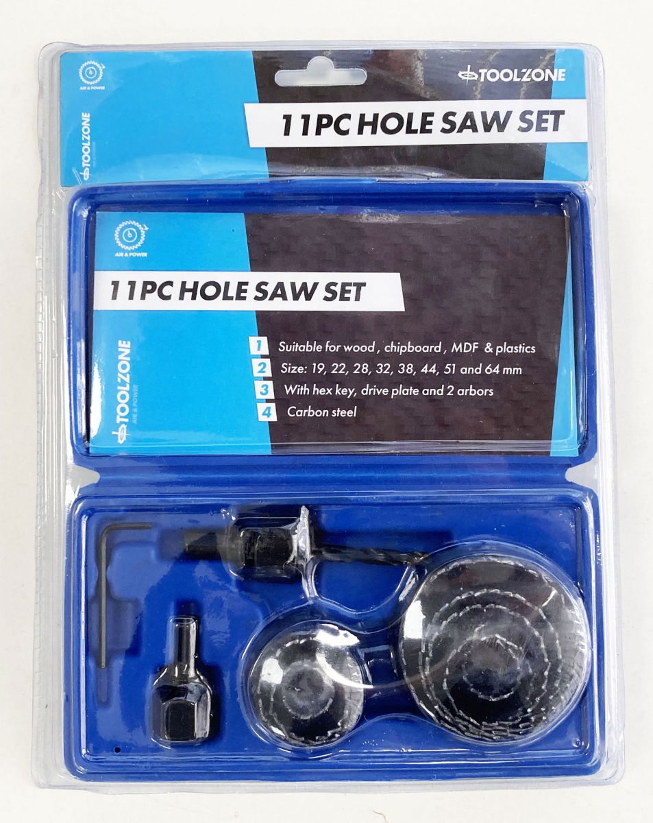 HOLE SAW SET 11pc CARBON STEEL SIZES 19-64mm - TOOLZONE KDPHS032