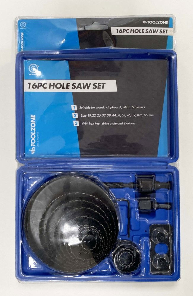 HOLE SAW SET 16pc CARBON STEEL SIZES 19-127mm - TOOLZONE KDPHS034