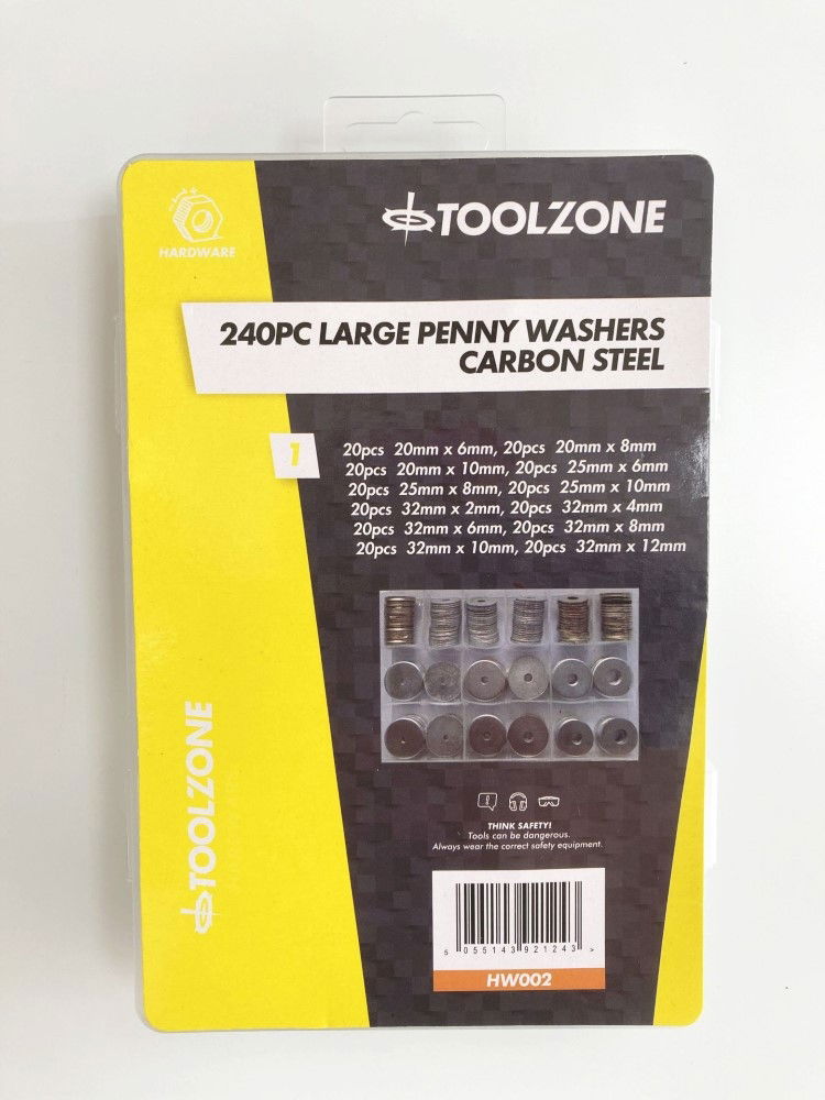 PENNY WASHERS SET 240pc CARBON STEEL SIZES 2-32mm - TOOLZONE KDPHW002