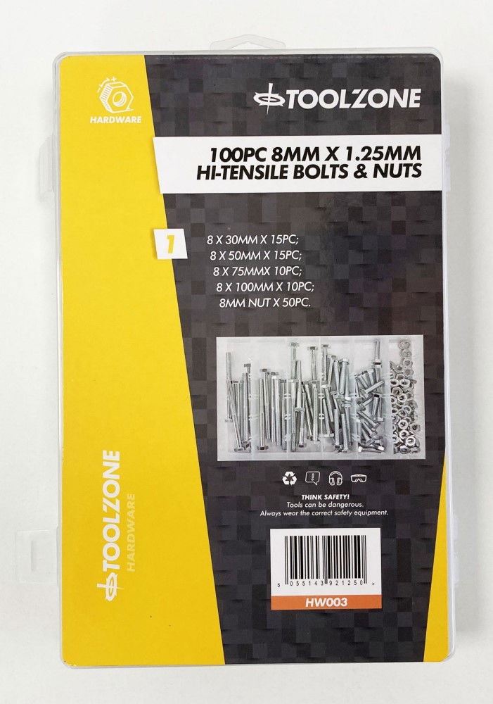 BOLTS AND NUTS ASSORTMENT 100pc 8mm M8 1.25mm PITCH - TOOLZONE KDPHW003