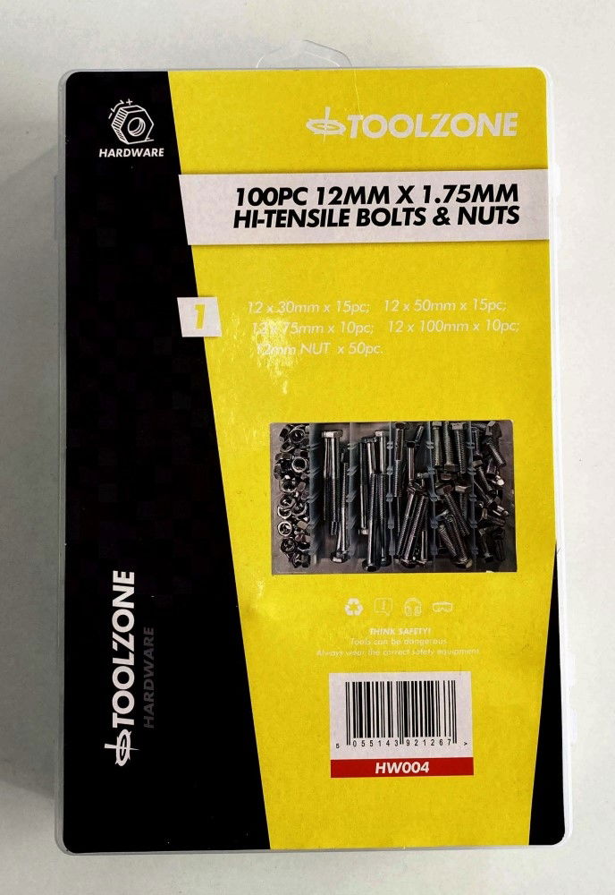 BOLTS AND NUTS ASSORTMENT 100pc 12mm M12 1.75mm PITCH - TOOLZONE KDPHW004