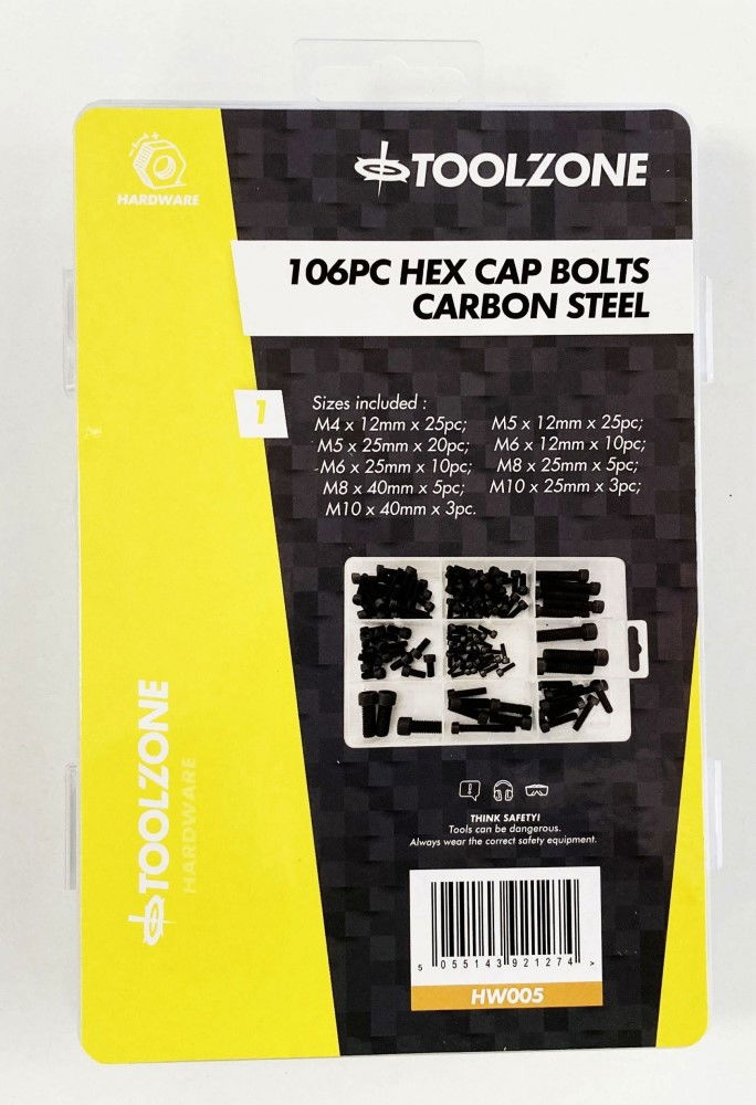 HEX CAP BOLTS ASSORTMENT 106pc CARBON STEEL M4-M10 - TOOLZONE KDPHW005