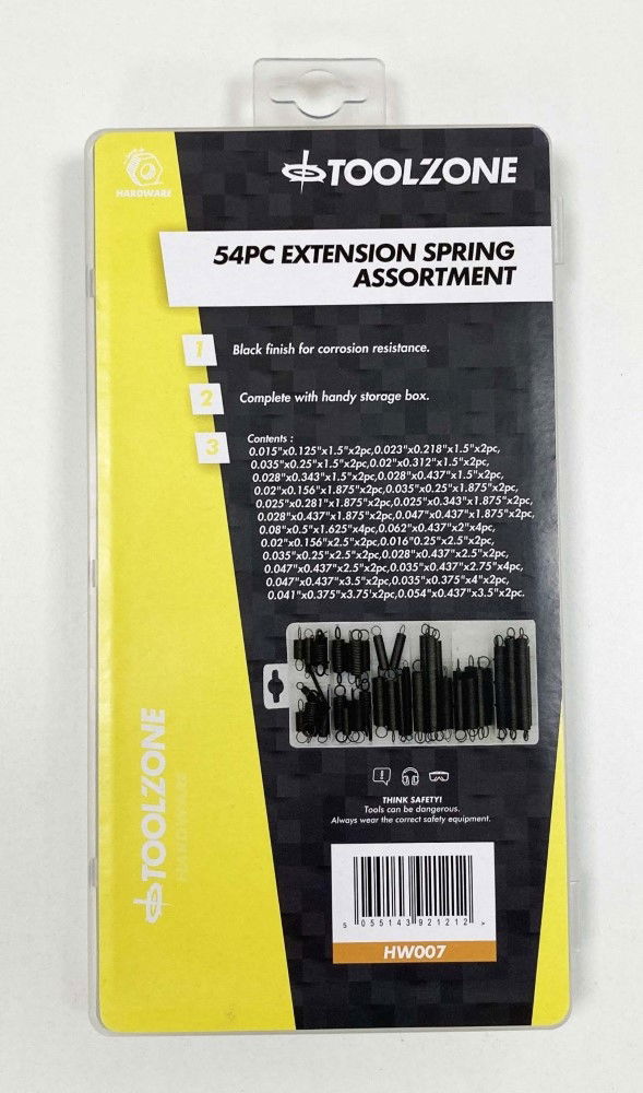 EXTENSION SPRING ASSORTMENT 54pc RUST RESISTANT SIZES 1.5 - TOOLZONE KDPHW007