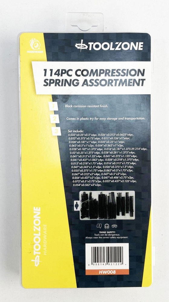 COMPRESSION SPRING ASSORTMENT 114pc RUST RESISTANT VARIOUS SIZES - TOOLZONE KDPHW008