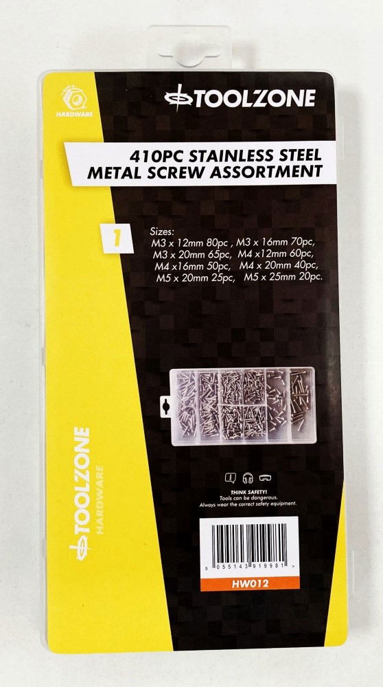 METAL SCREWS ASSORTMENT 410pc STAINLESS STEEL M3-M5 - TOOLZONE KDPHW012