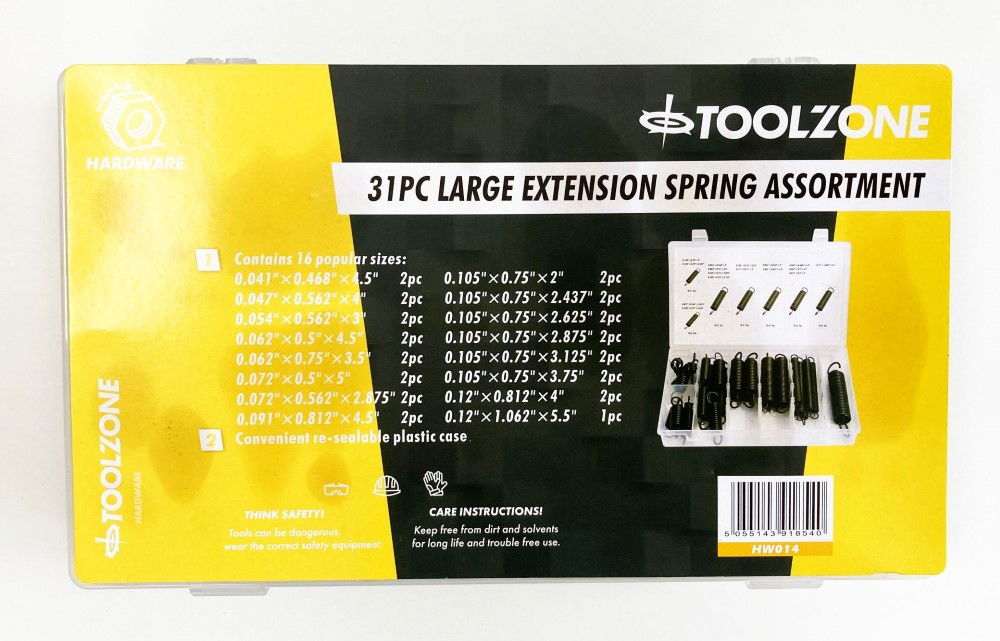 EXTENSION SPRING ASSORTMENT 31pc LARGE RUST RESISTANT VARIOUS SIZES - TOOLZONE KDPHW014