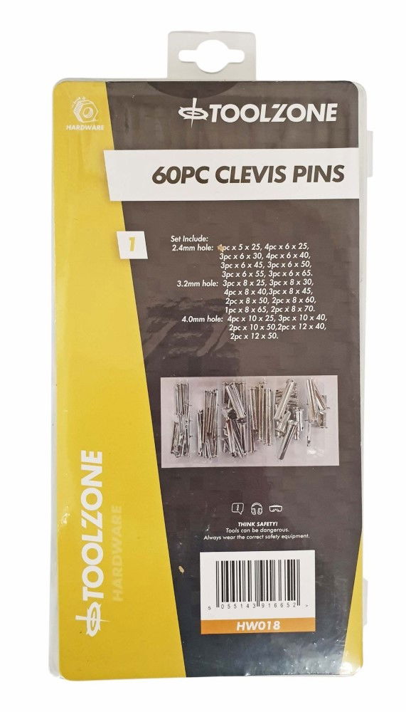 CLEVIS PINS ASSORTMENT 60pc CHROME VANADIUM ZINC PLATED VARIOUS SIZES - TOOLZONE KDPHW018