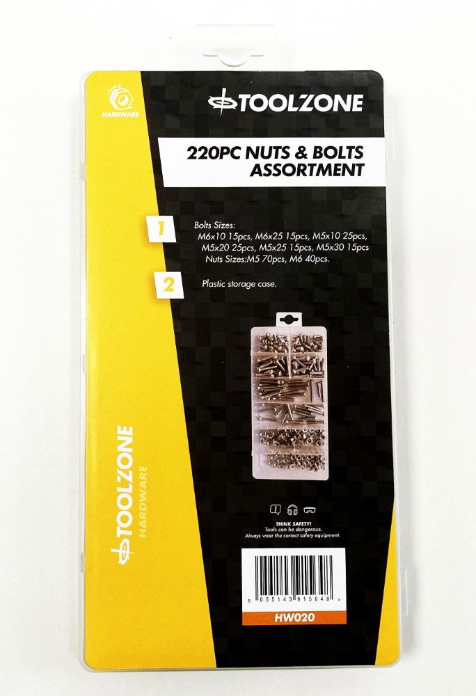 NUTS AND BOLTS ASSORTMENT 220pc M5-M6 VARIOUS LENGTHS - TOOLZONE KDPHW020