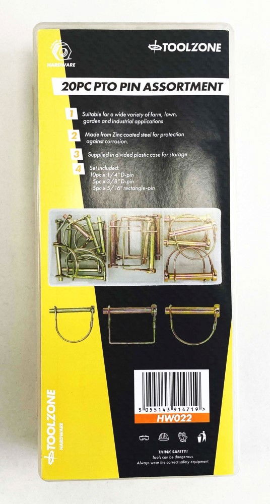 PTO PIN ASSORTMENT 20pc ZINC COATED STEEL 1/4, 5/16, 3/8 - TOOLZONE KDPHW022