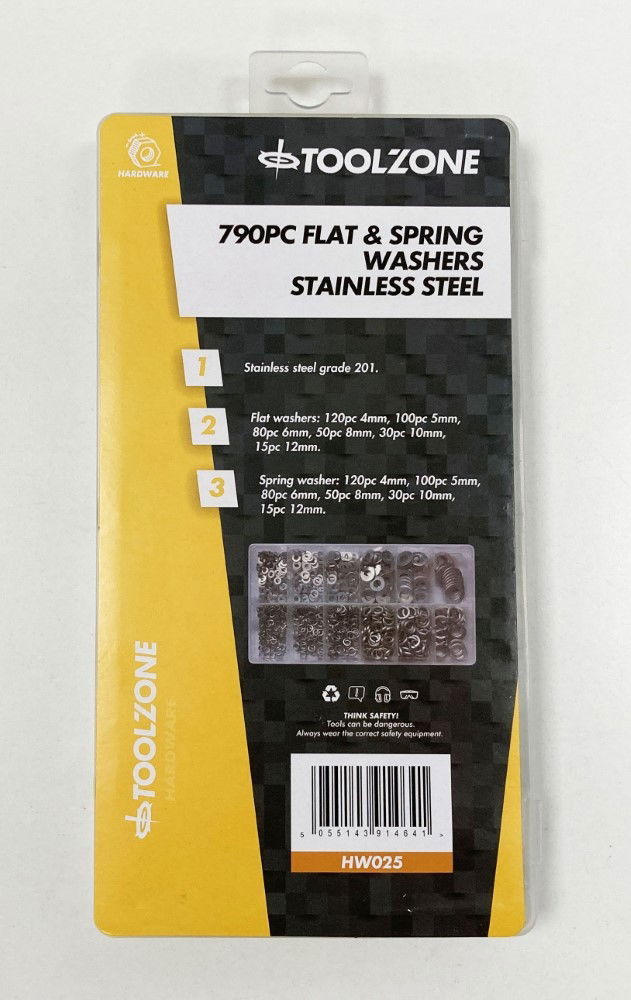 FLAT AND SPRING WASHERS ASSORTMENT 790pc STAINLESS STEEL 4-12mm - TOOLZONE KDPHW025